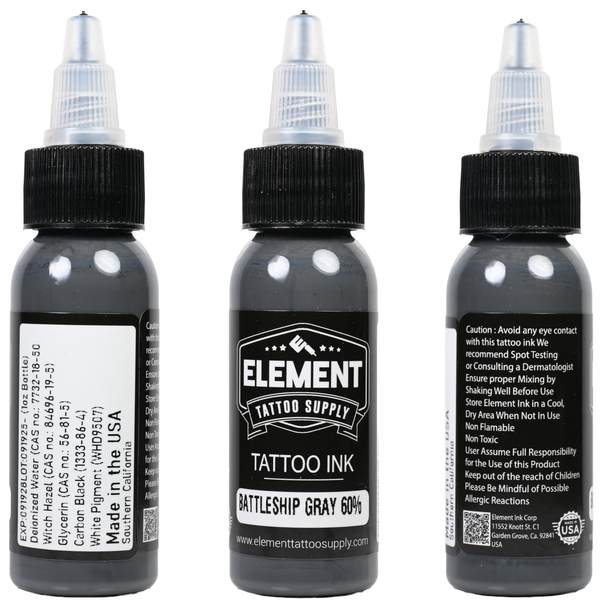 Element Tattoo Supply Battleship Gray Ink Set packaging and bottles