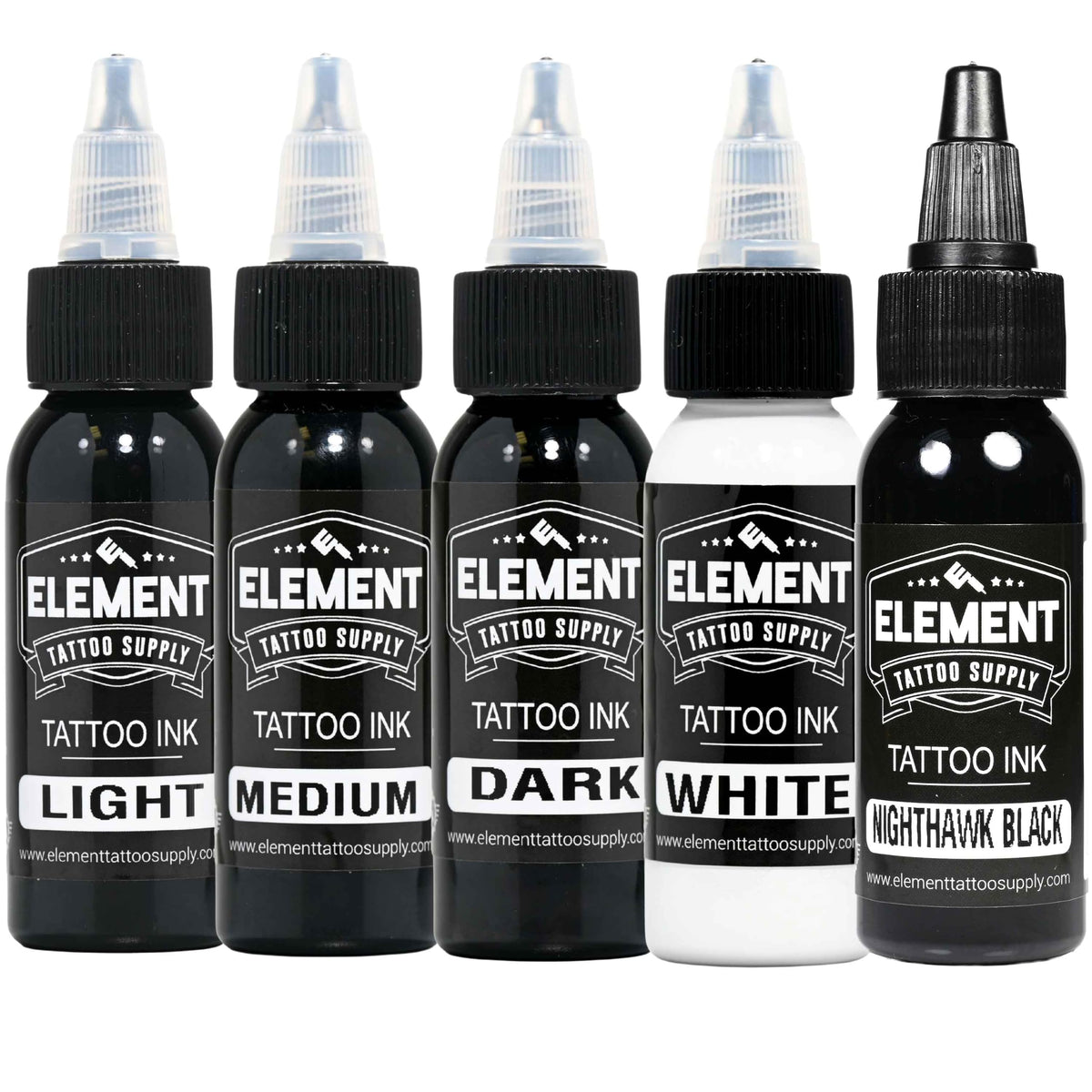 Element Tattoo Supply Greywash Ink Set 5 Shades 1oz front view