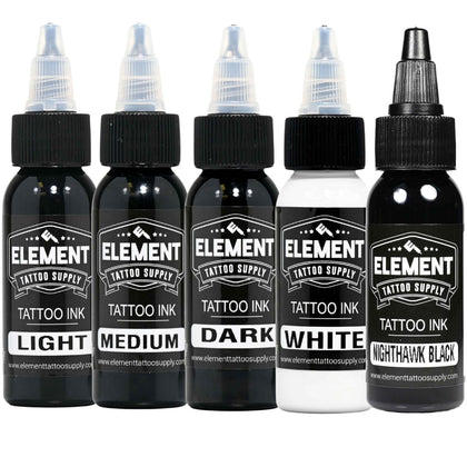 Element Tattoo Supply Greywash Ink Set 5 Shades 1oz front view