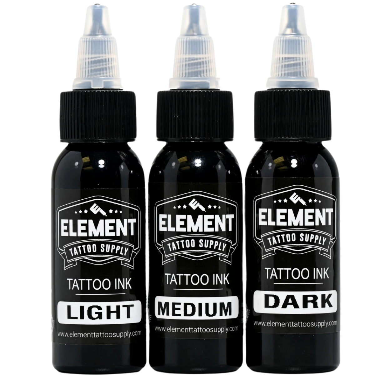 Element Tattoo Supply Greywash Ink Set three bottles front view