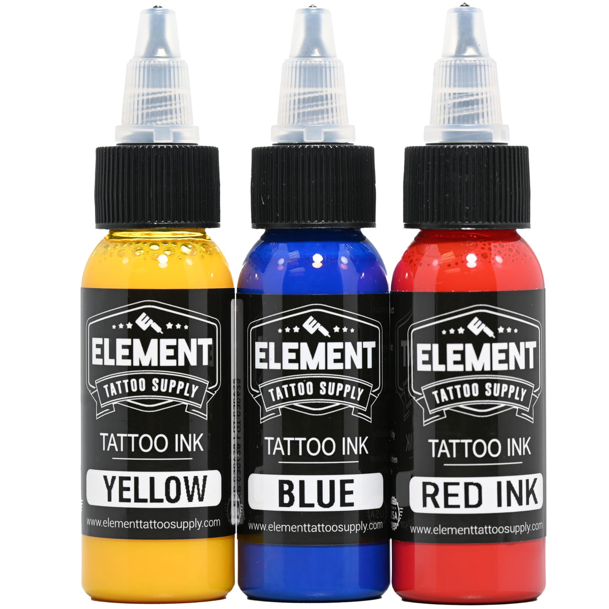Element Tattoo Supply Ink Set 1oz red yellow blue bottles front view