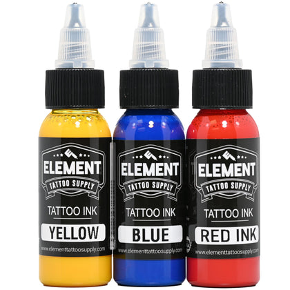 Element Tattoo Supply Ink Set 1oz red yellow blue bottles front view
