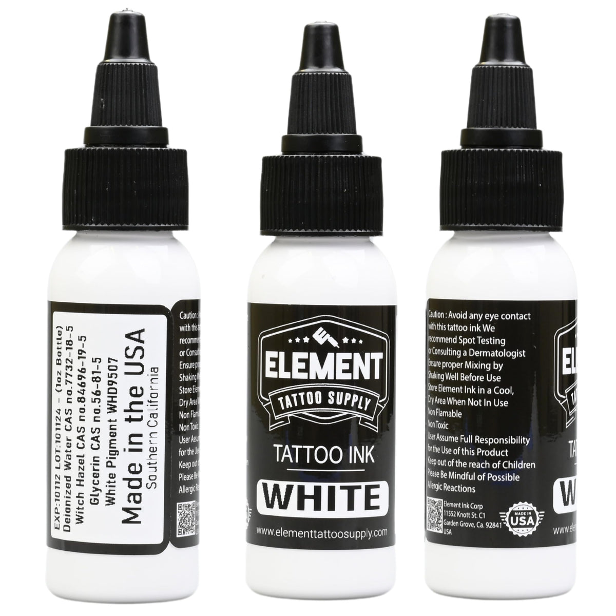 Element Tattoo Supply ink set packaging with black and white bottles