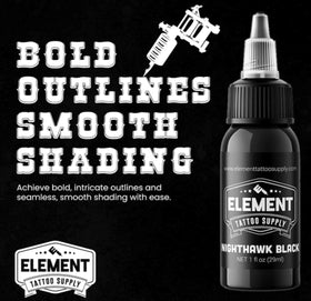 Element Tattoo Supply Nighthawk Black Ink 2oz bottle on a tattoo table