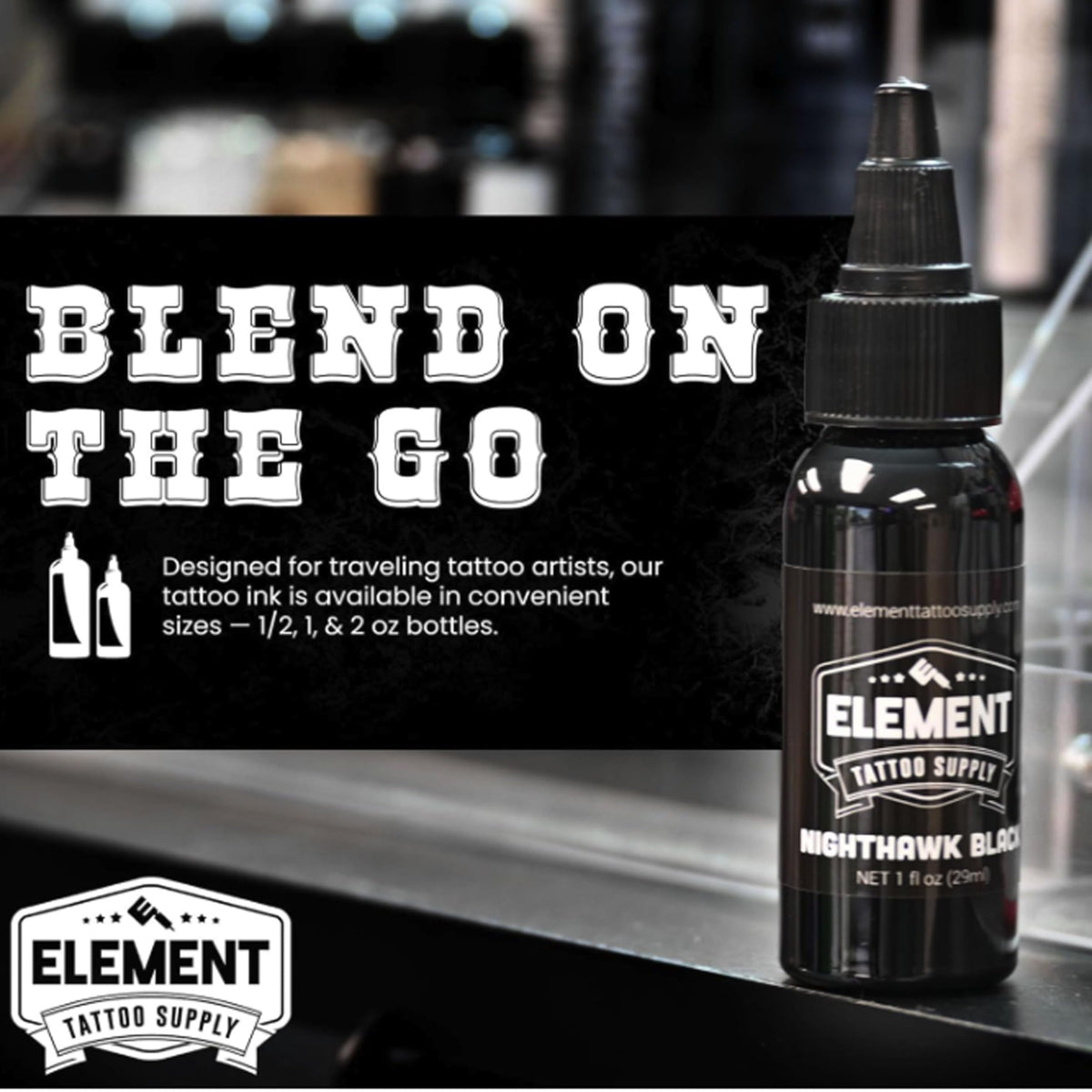 Element Tattoo Supply Nighthawk Black Ink 2oz in a tattoo studio