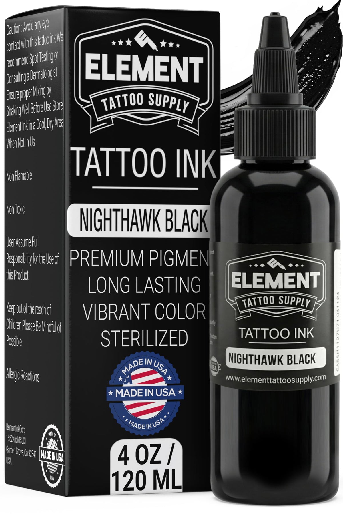 Element Tattoo Supply Nighthawk Black Ink 4oz bottle front view