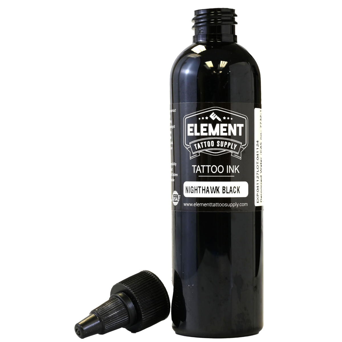 Element Tattoo Supply Nighthawk Black Ink 4oz bottle with tattoo machine