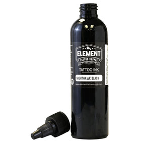 Element Tattoo Supply Nighthawk Black Ink 4oz bottle with tattoo machine