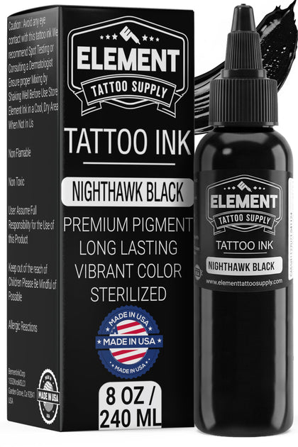 Element Tattoo Supply Nighthawk Black Ink 8oz bottle front view