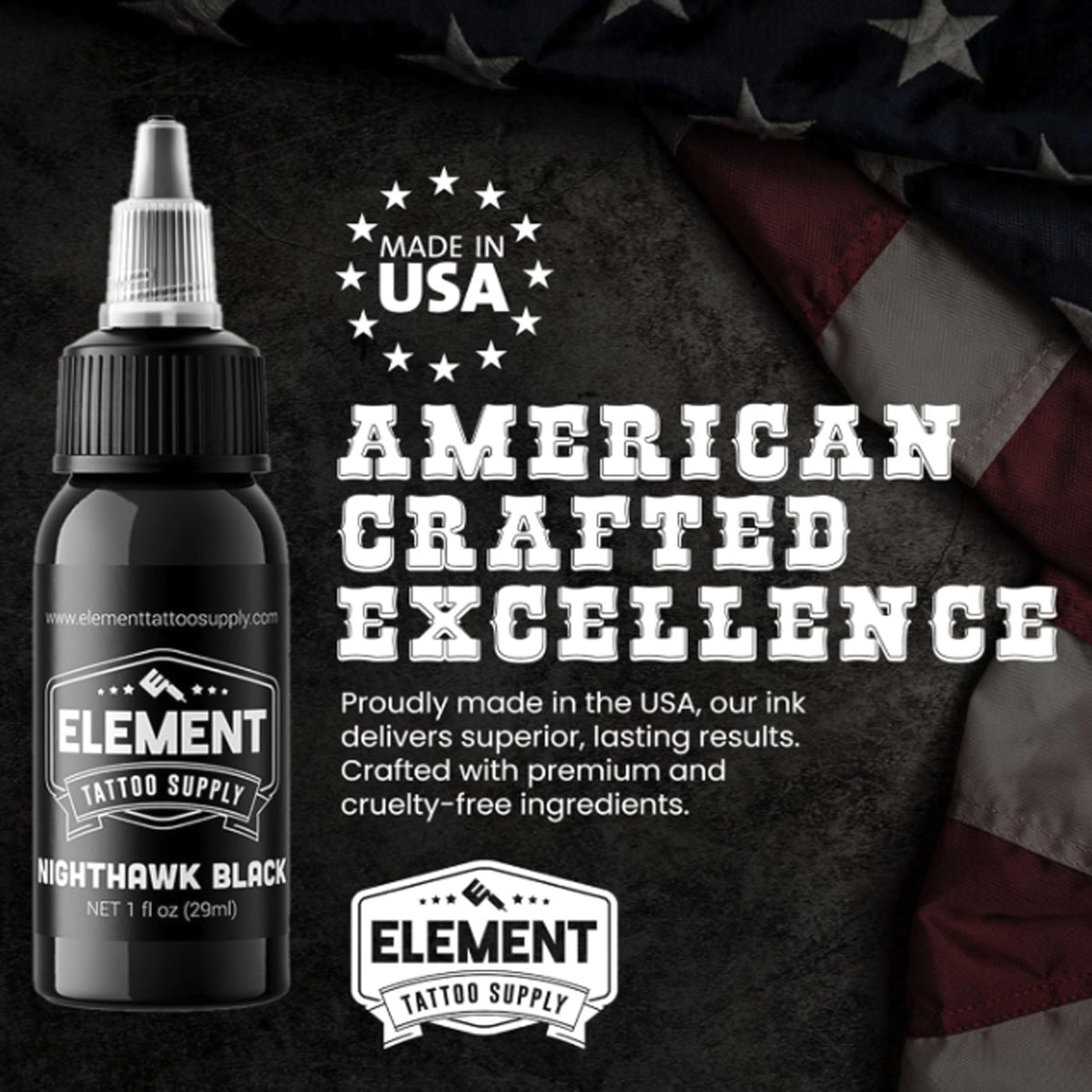 Element Tattoo Supply Nighthawk Black Ink bottle with tattoo needles
