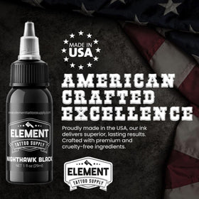 Element Tattoo Supply Nighthawk Black Ink bottle with tattoo needles
