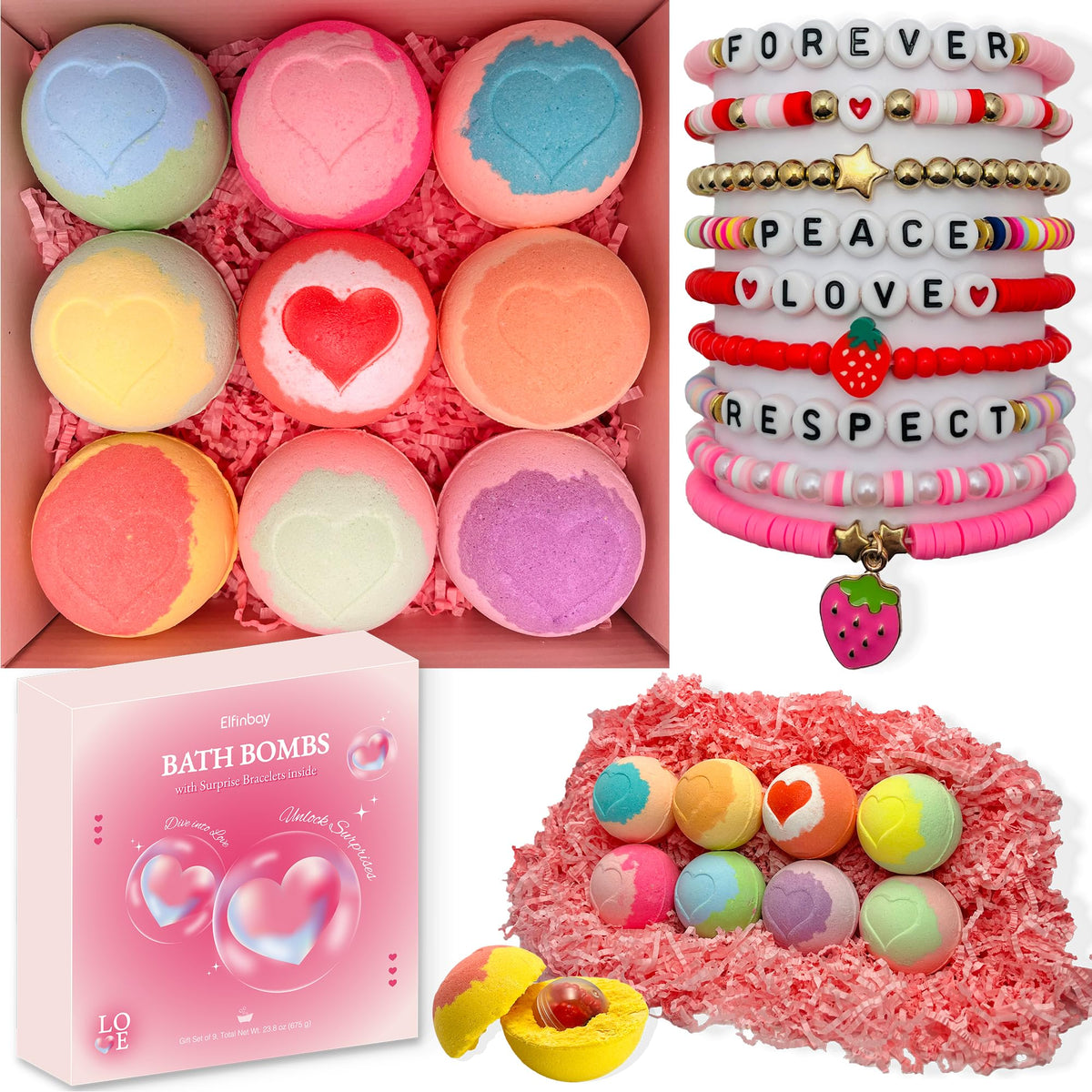 Elfinbay Kids Bath Bombs 9 pack with heart shapes