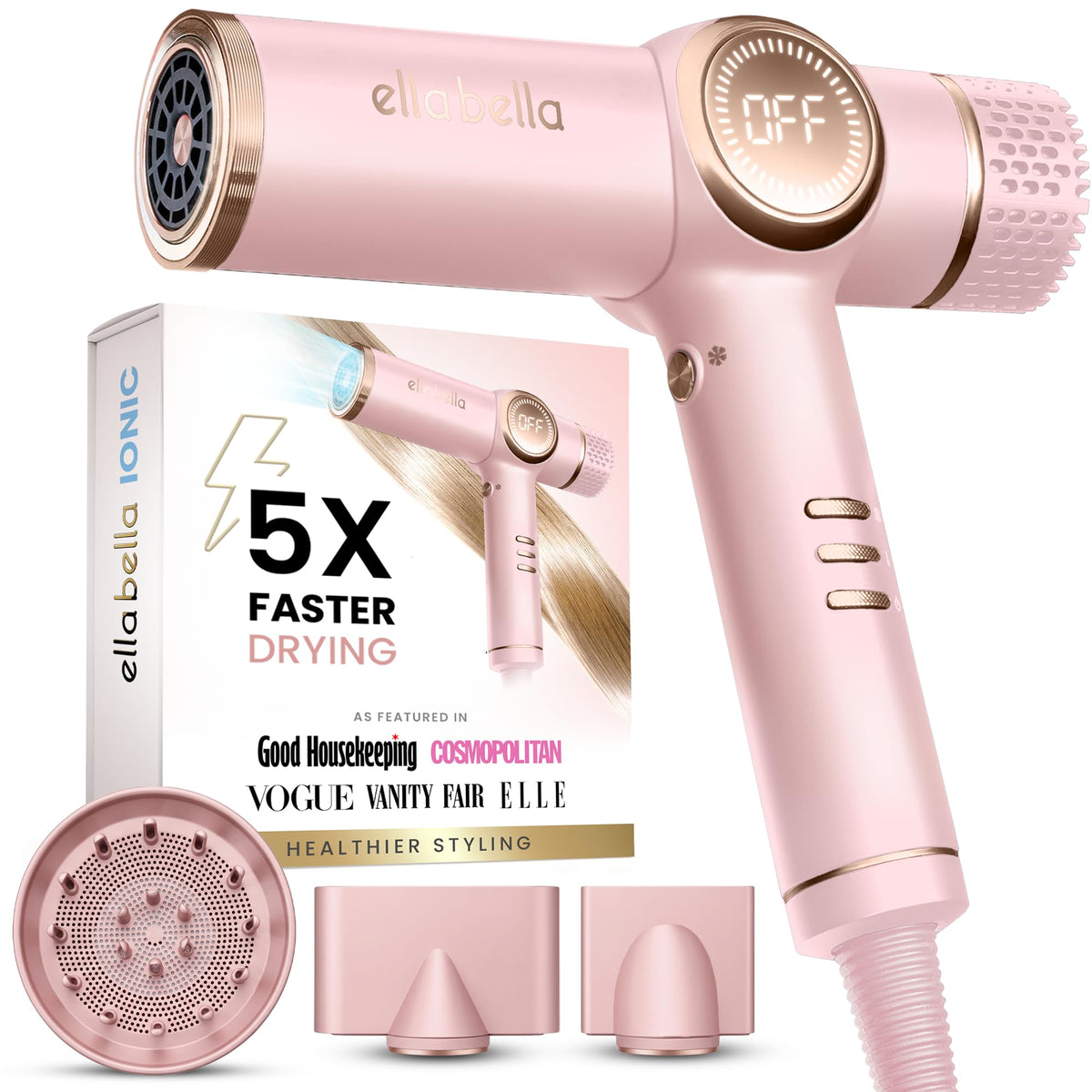 ELLA BELLA Ionic Hair Dryer front view with diffuser attachment