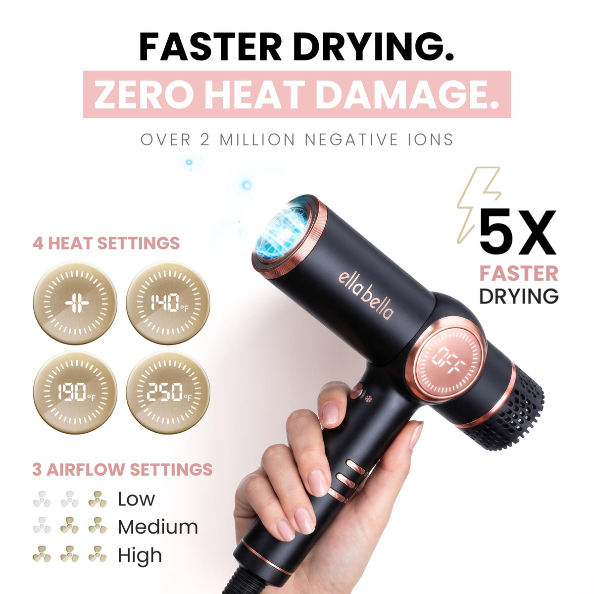ELLA BELLA Ionic Hair Dryer in lifestyle setting on bathroom counter