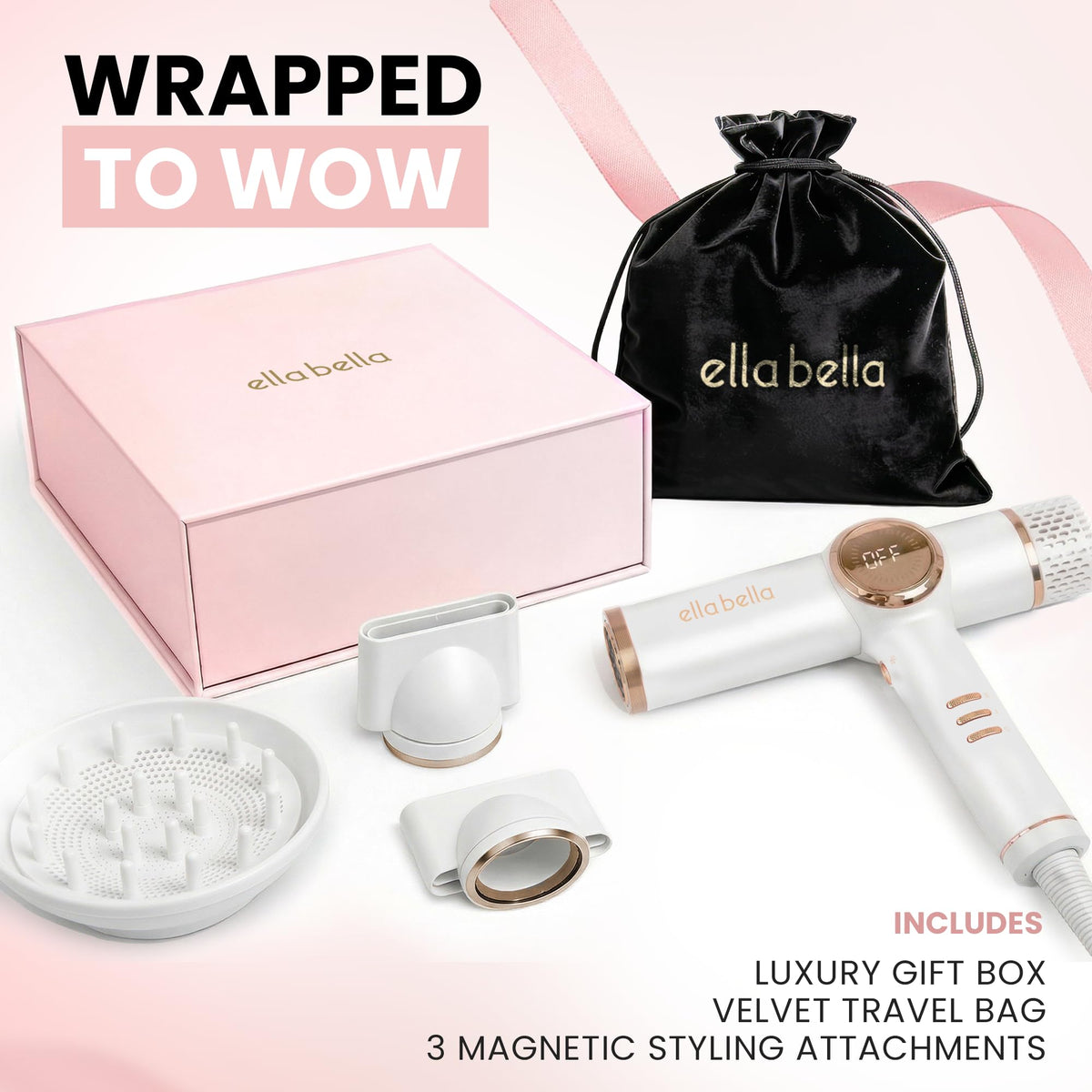 ELLA BELLA Ionic Hair Dryer packaging and accessories