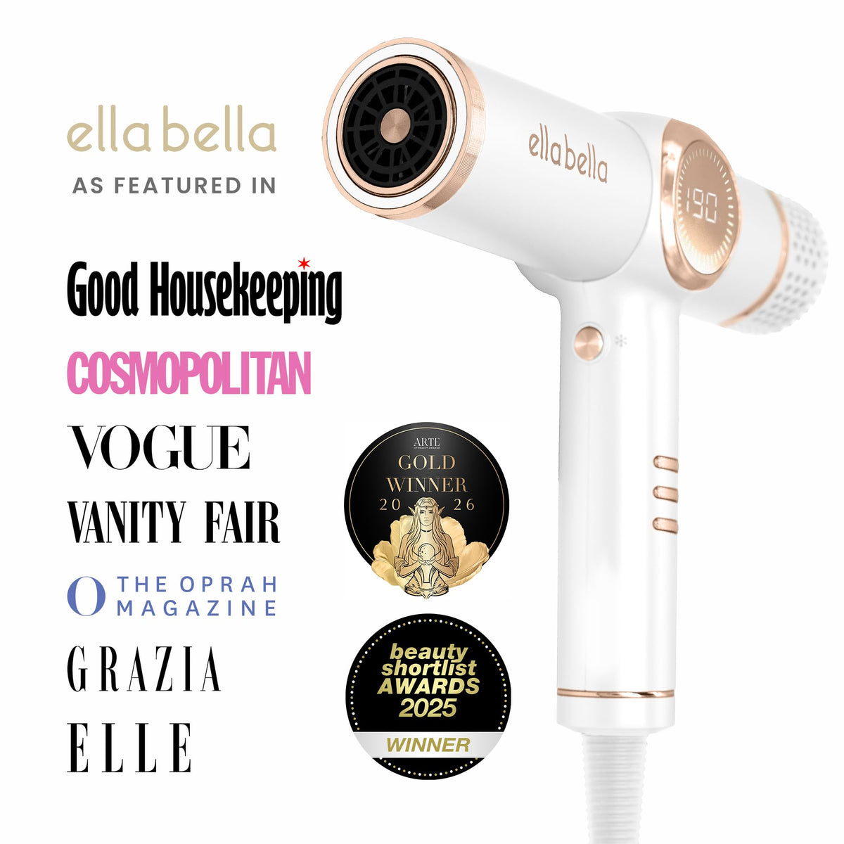 ELLA BELLA Ionic Hair Dryer side view with controls visible