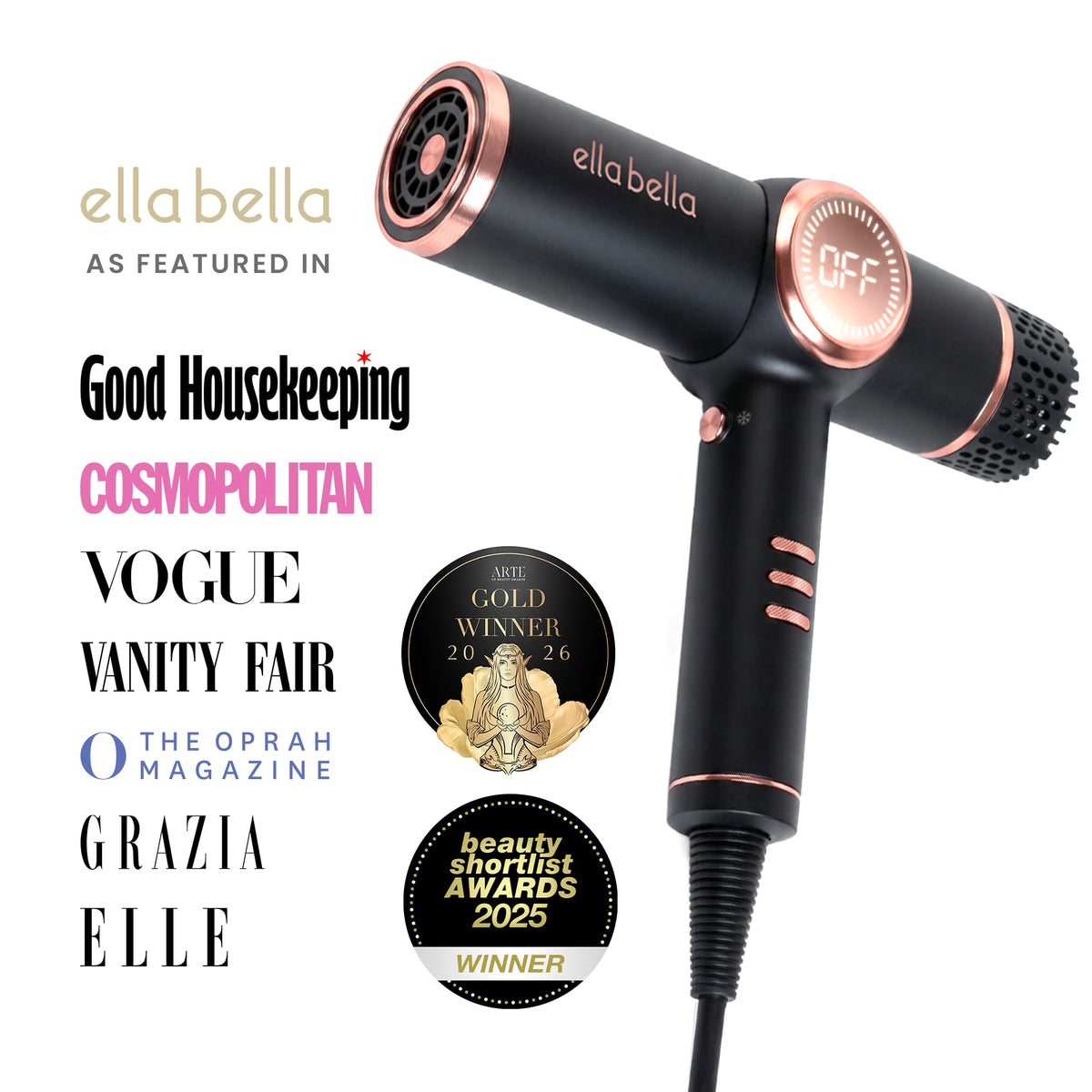 ELLA BELLA Ionic Hair Dryer with magnetic nozzle attached