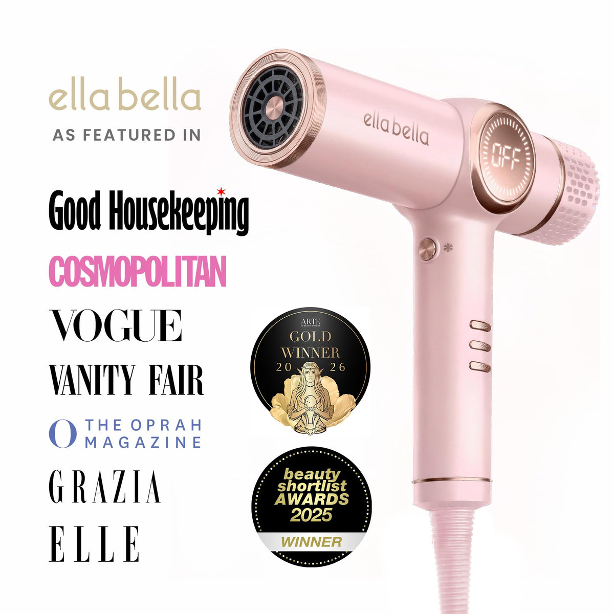 ELLA BELLA Ionic Hair Dryer with three magnetic nozzles displayed