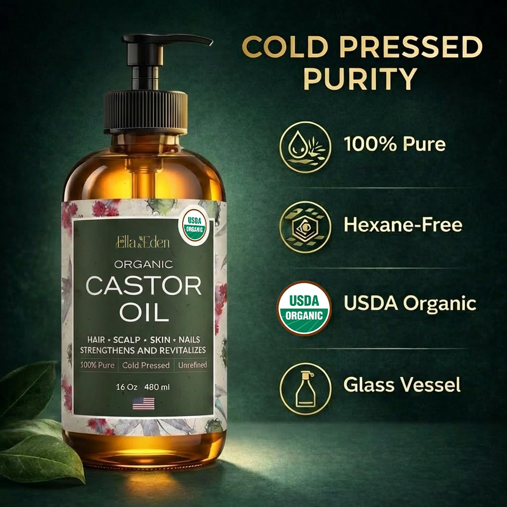 Ella & Eden Castor Oil 16 Oz displayed with natural elements