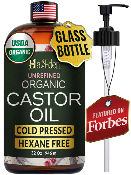 Ella & Eden Organic Castor Oil 32oz dark glass bottle front view