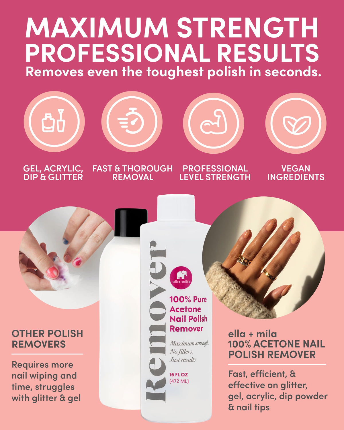 ella+mila Pure Acetone Nail Polish Remover bottle side view