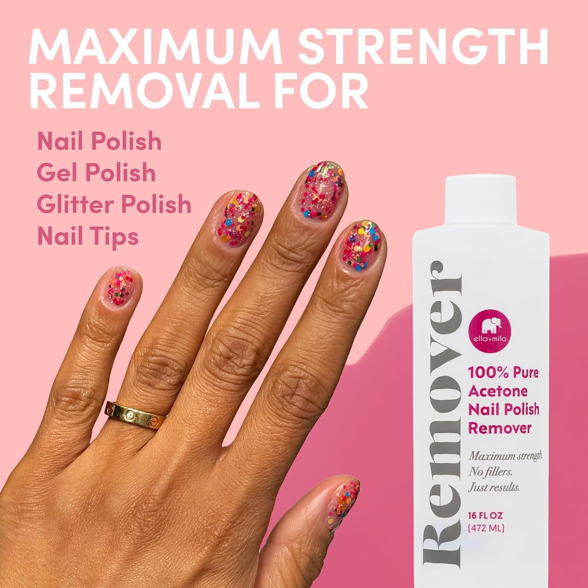 ella+mila Pure Acetone Nail Polish Remover label close-up