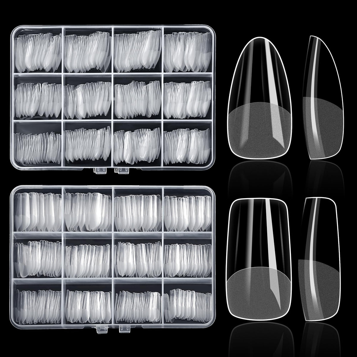 ELLEWIN 480PCS Clear False Nail Tips front view with almond and square shapes