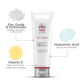 EltaMD UV Lotion 8 oz with a beach background