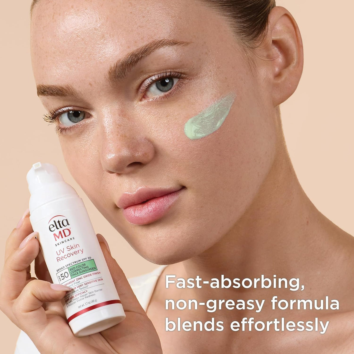 EltaMD UV Skin Recovery Face Sunscreen SPF 50 green tinted on a bathroom counter