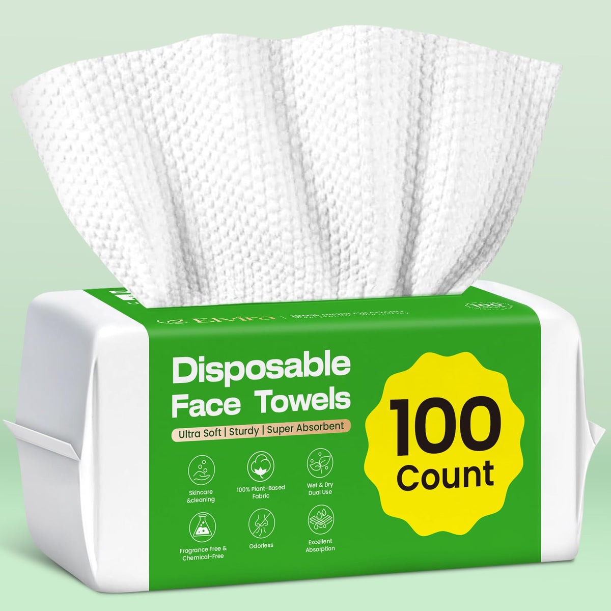 Elvira 100 Count Disposable Face Towels front view of packaging
