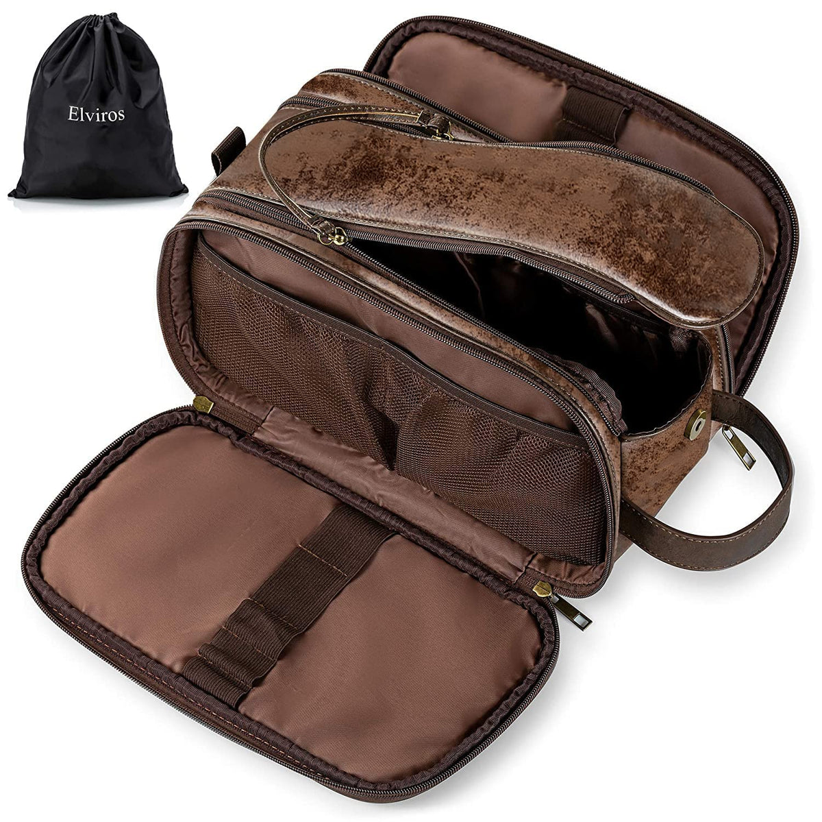 Elviros Medium Toiletry Bag in Chocolate PU Leather front view