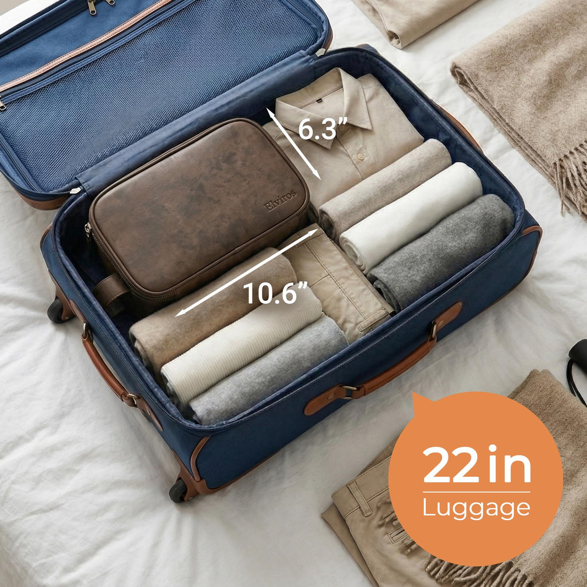 Elviros Toiletry Bag dimensions displayed on a ruler