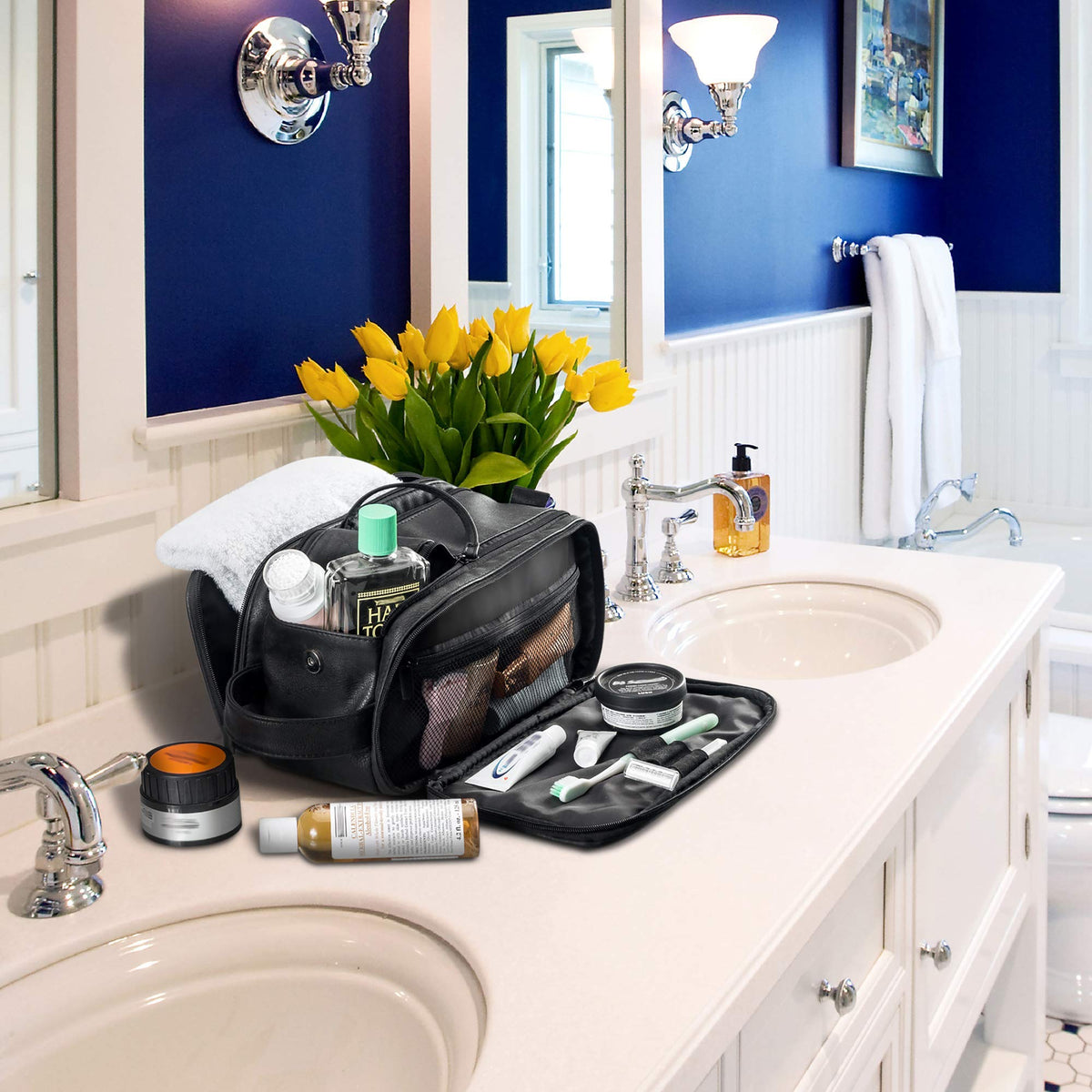 Elviros Toiletry Bag for Men packed with toiletries
