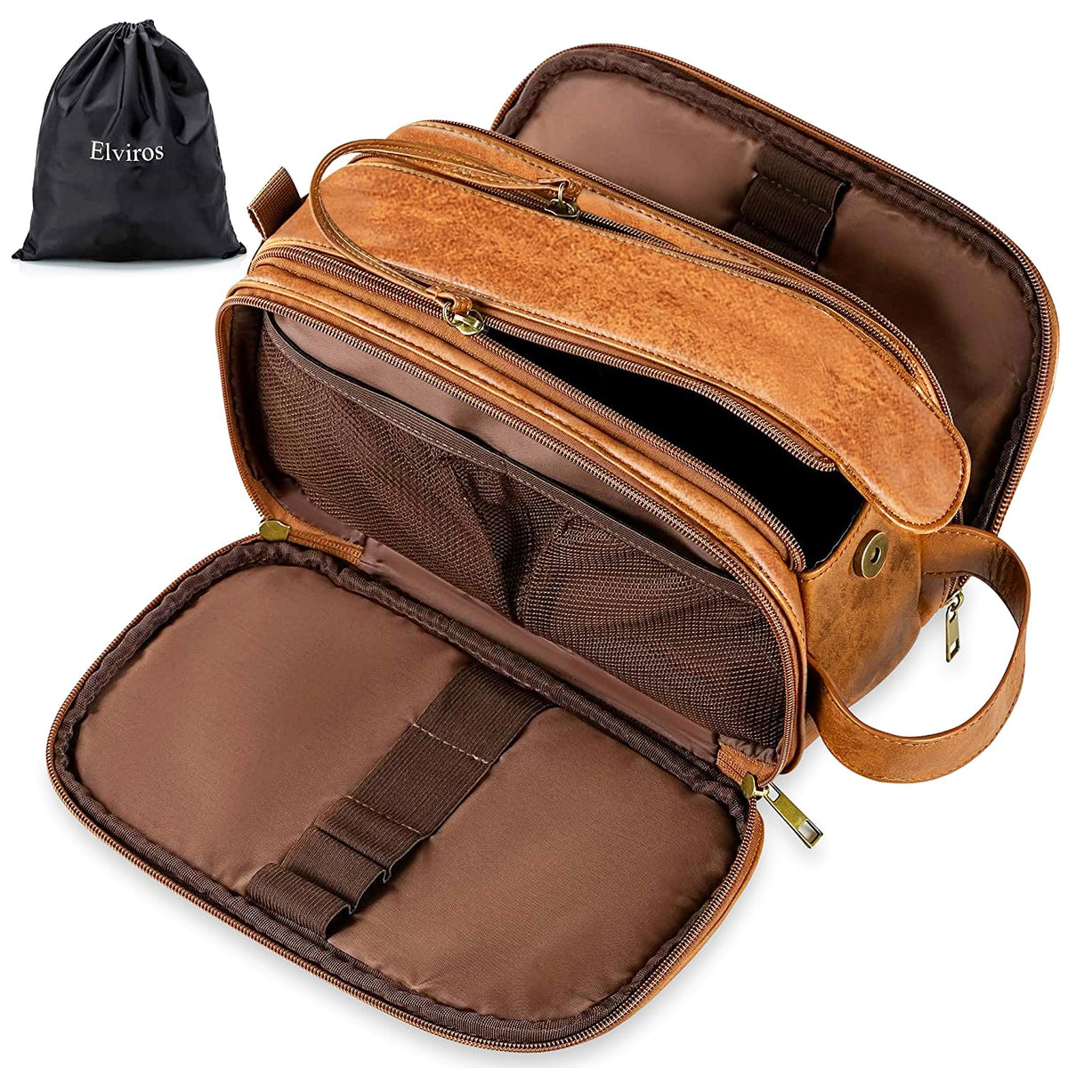 Elviros Toiletry Bag in brown front view with multiple pockets