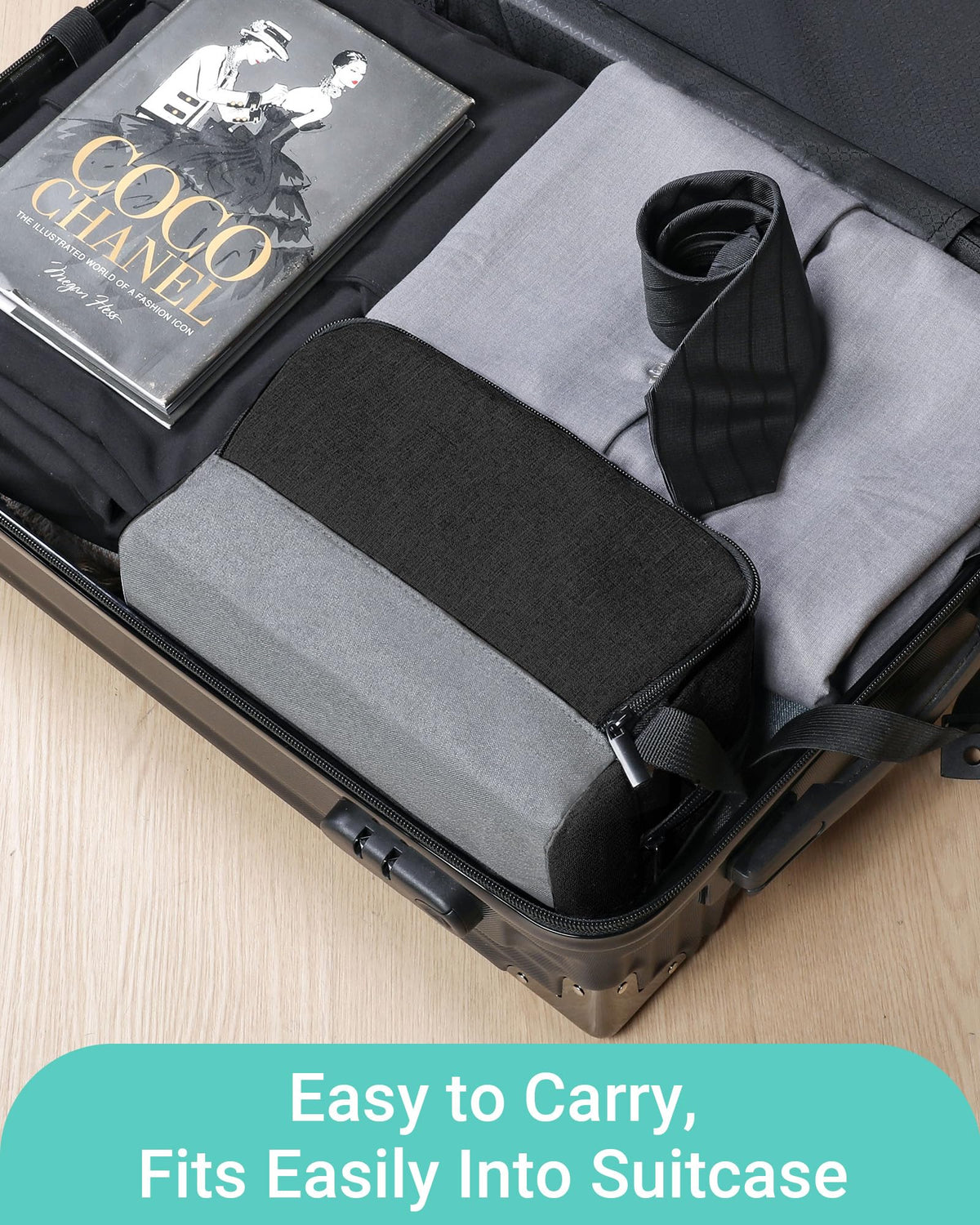 Elviros Toiletry Bag packed in a suitcase