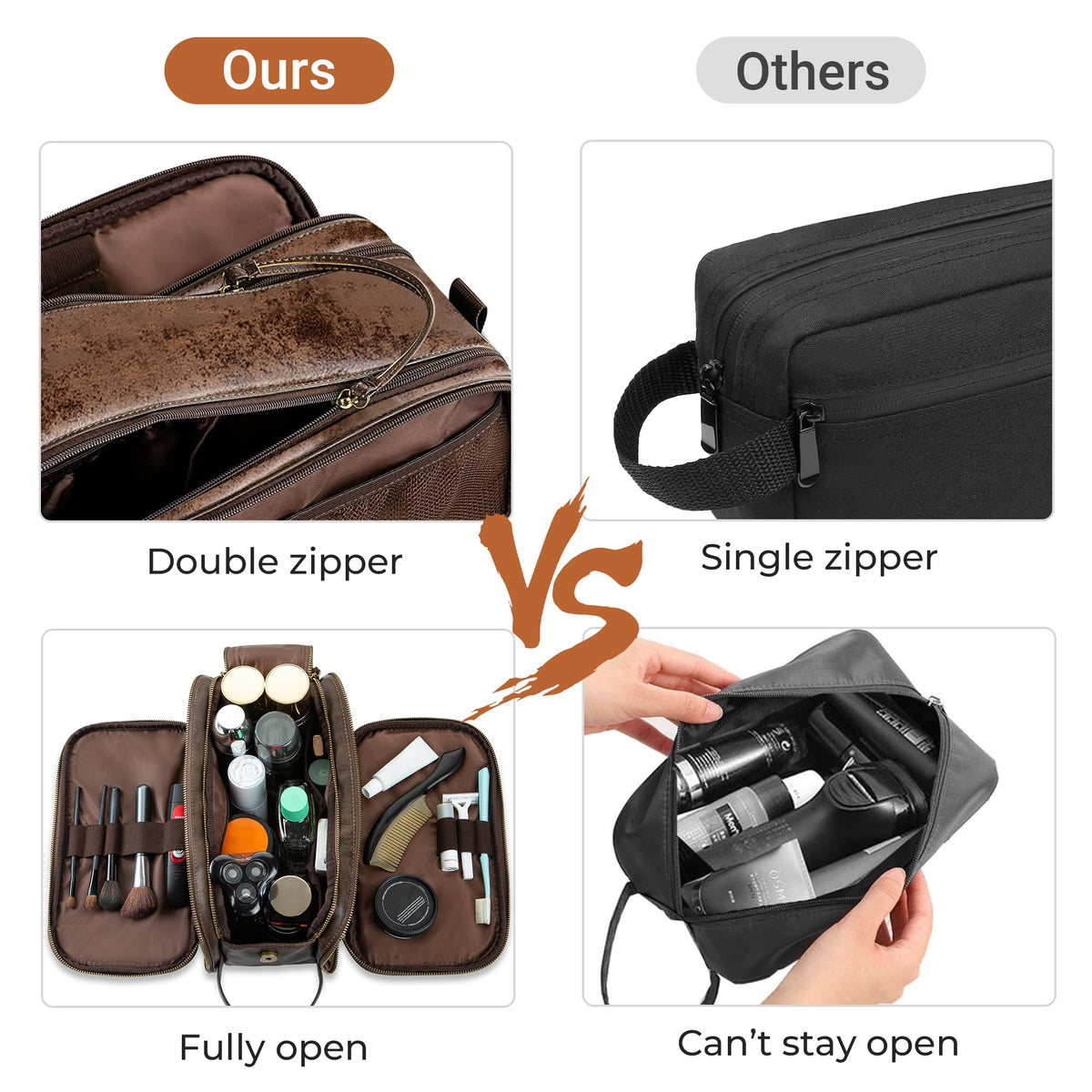Elviros Toiletry Bag side view with zipper