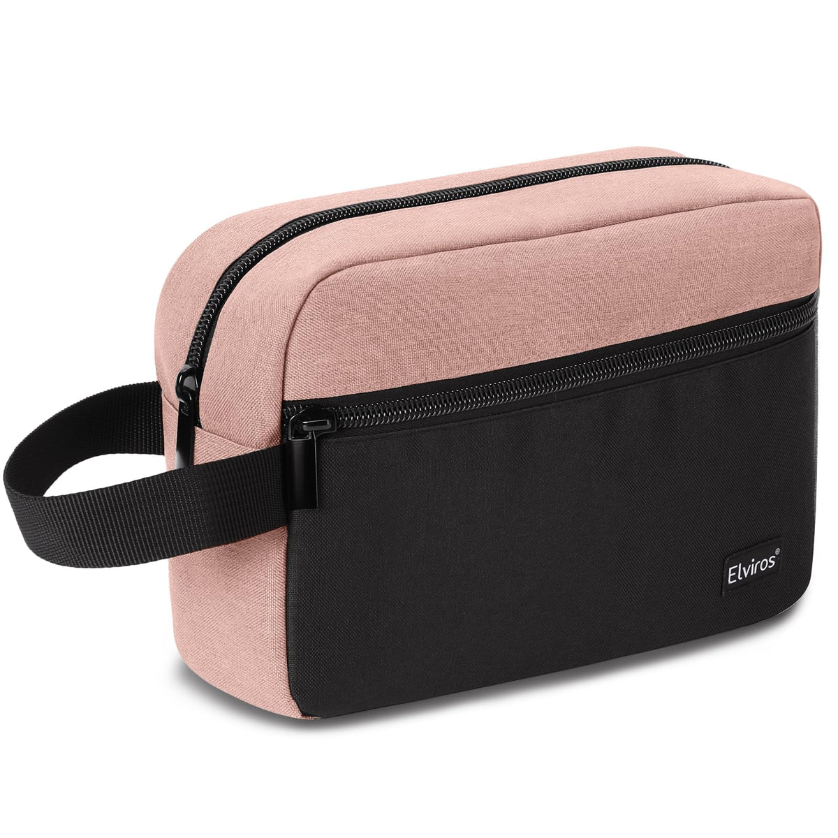 Elviros Travel Toiletry Bag front view in pink and black