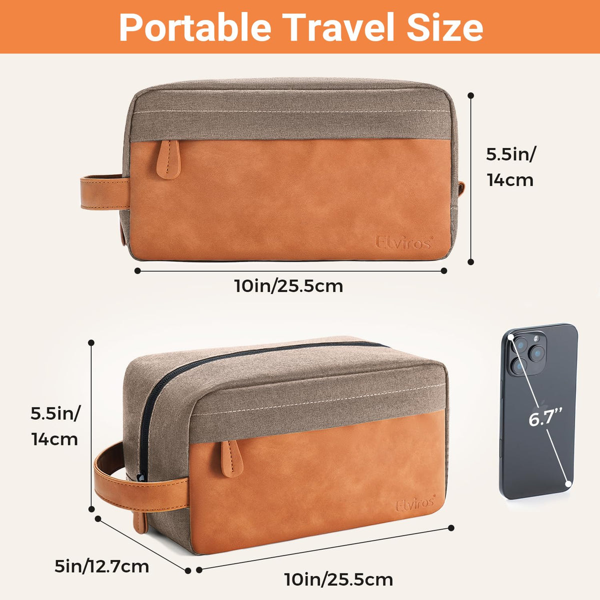 Elviros Travel Toiletry Bag hanging from a hook