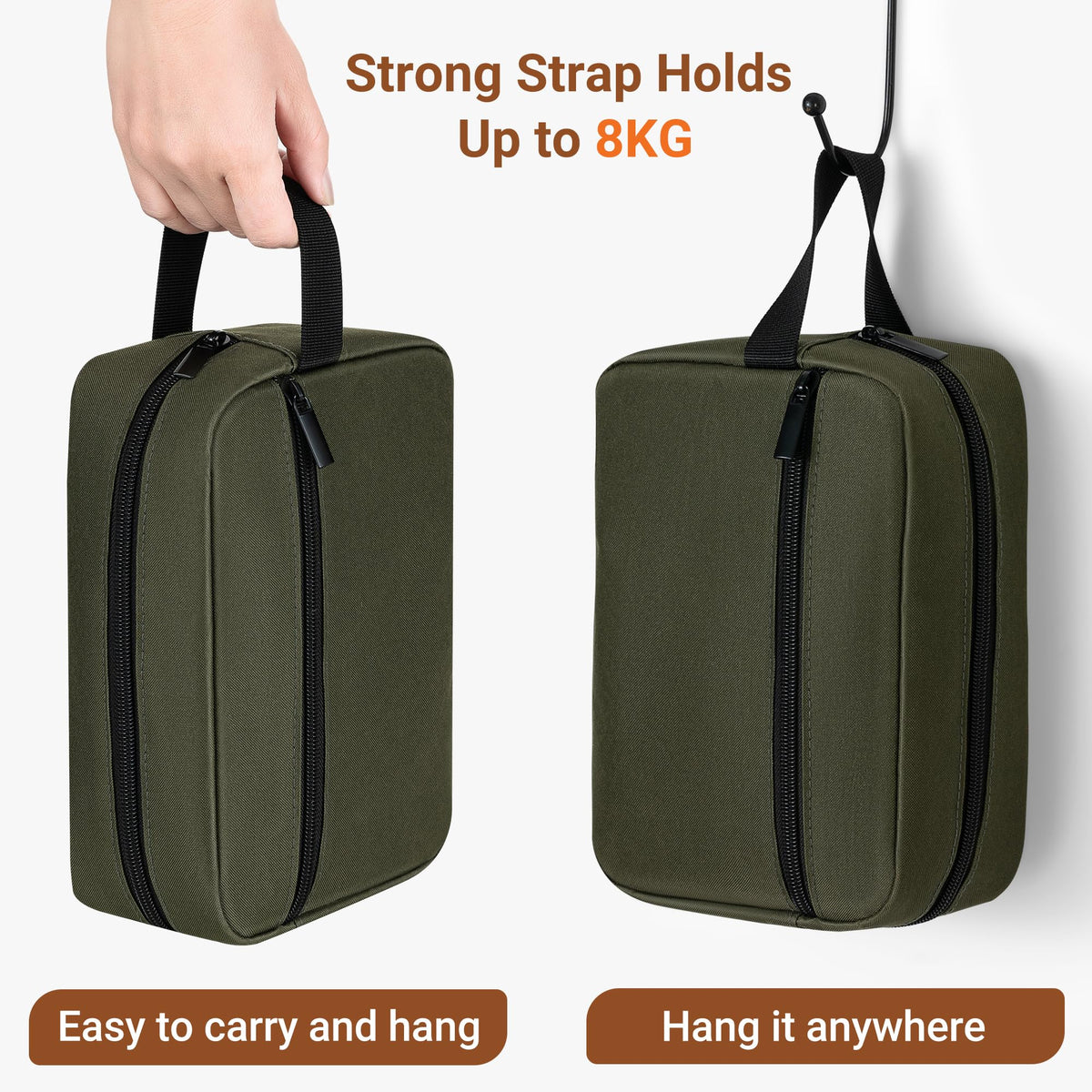 Elviros Travel Toiletry Bag hanging from a hook