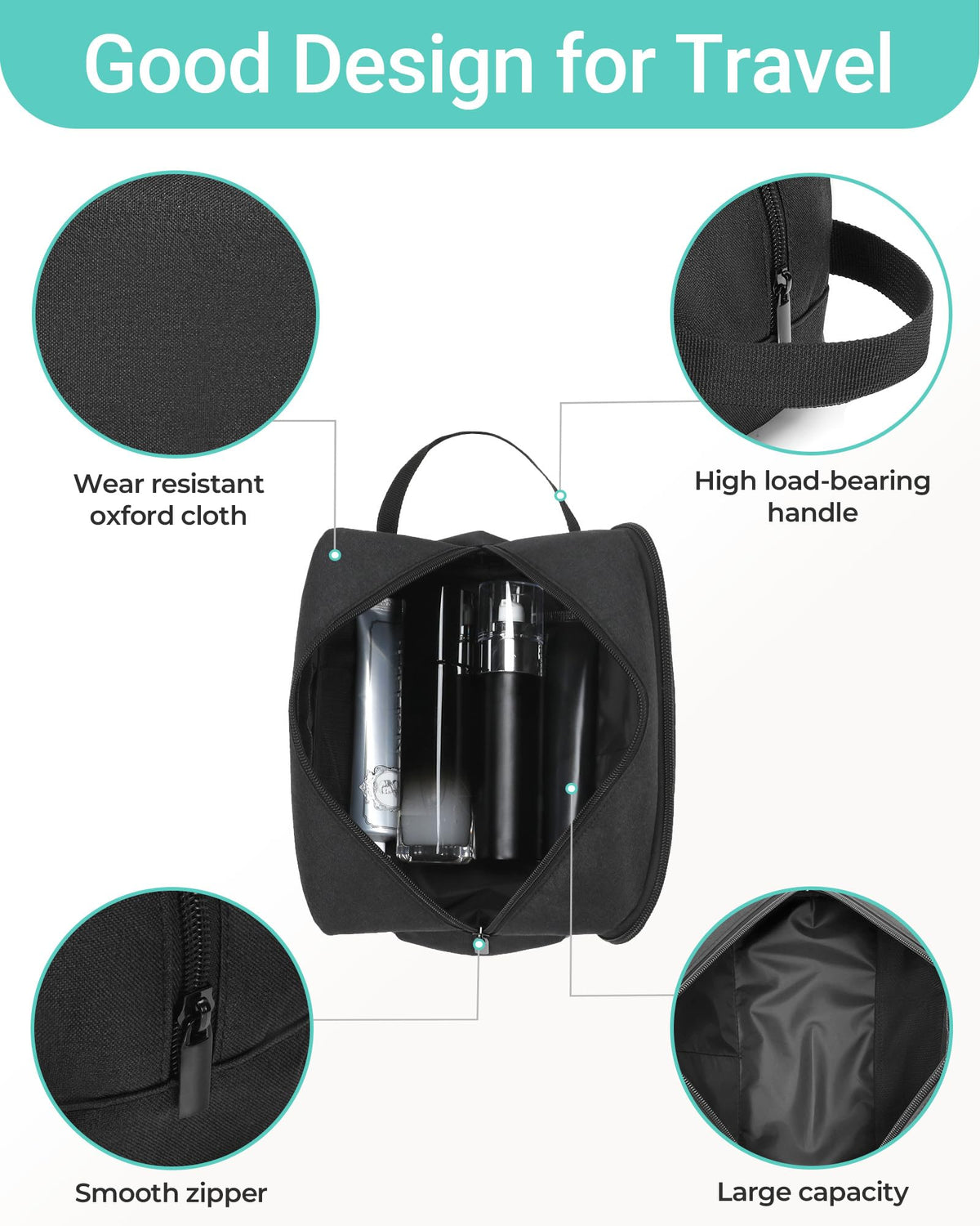 Elviros Travel Toiletry Bag hanging from a hook with toiletries inside