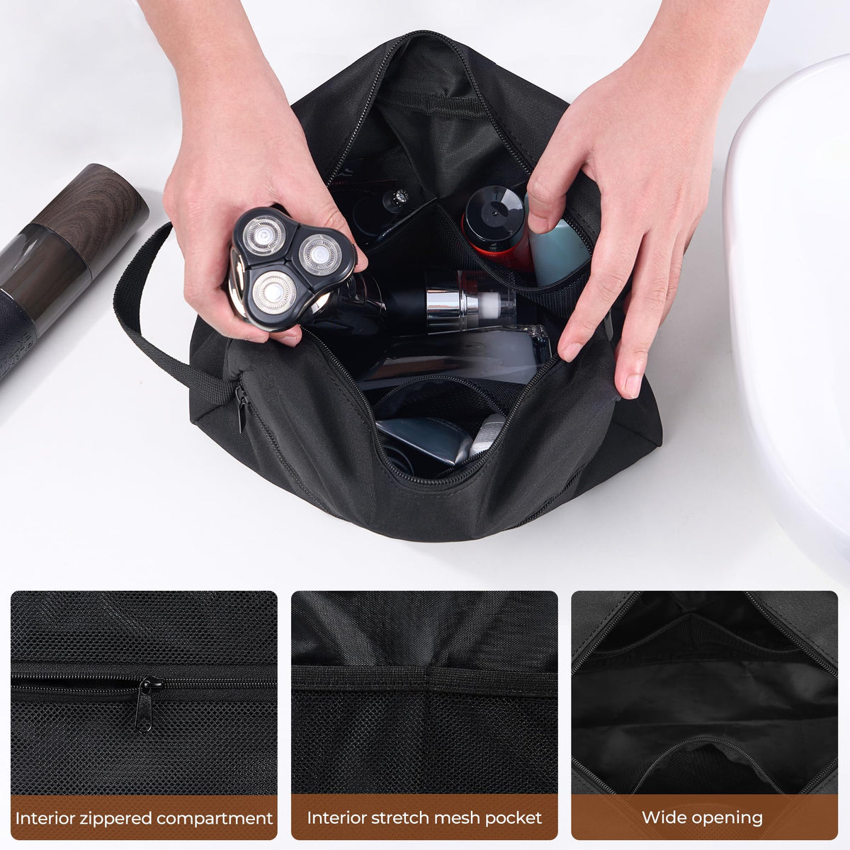 Elviros Travel Toiletry Bag hanging on a hook
