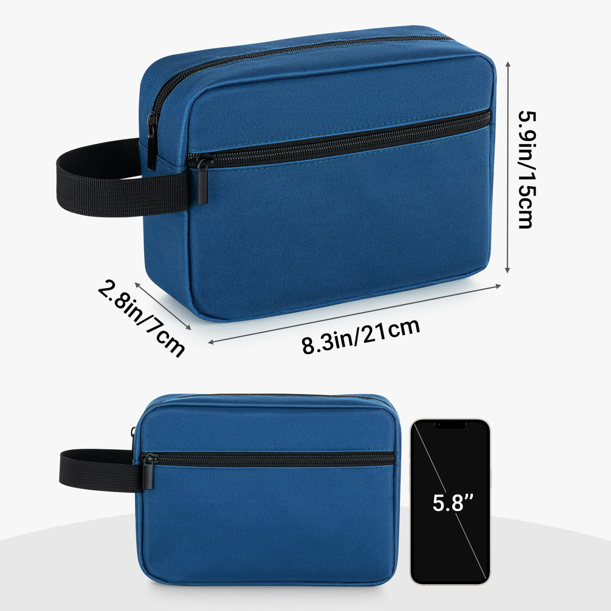 Elviros Travel Toiletry Bag Navy Blue hanging on a hook