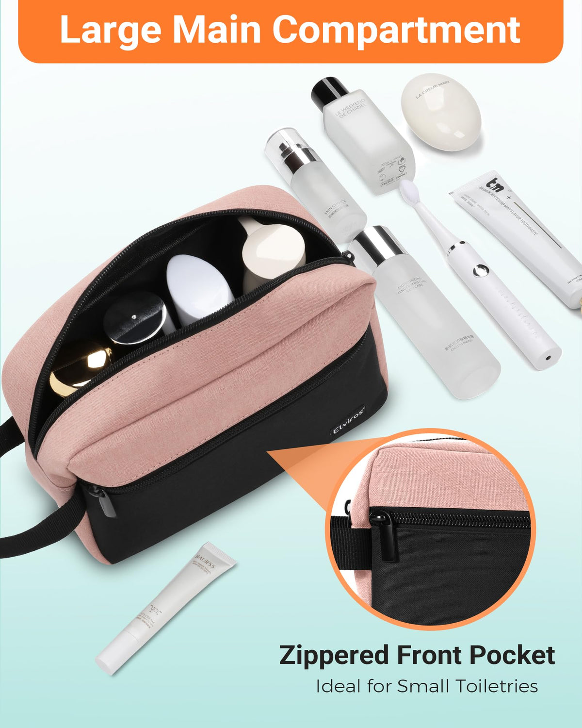 Elviros Travel Toiletry Bag opened with toiletries inside