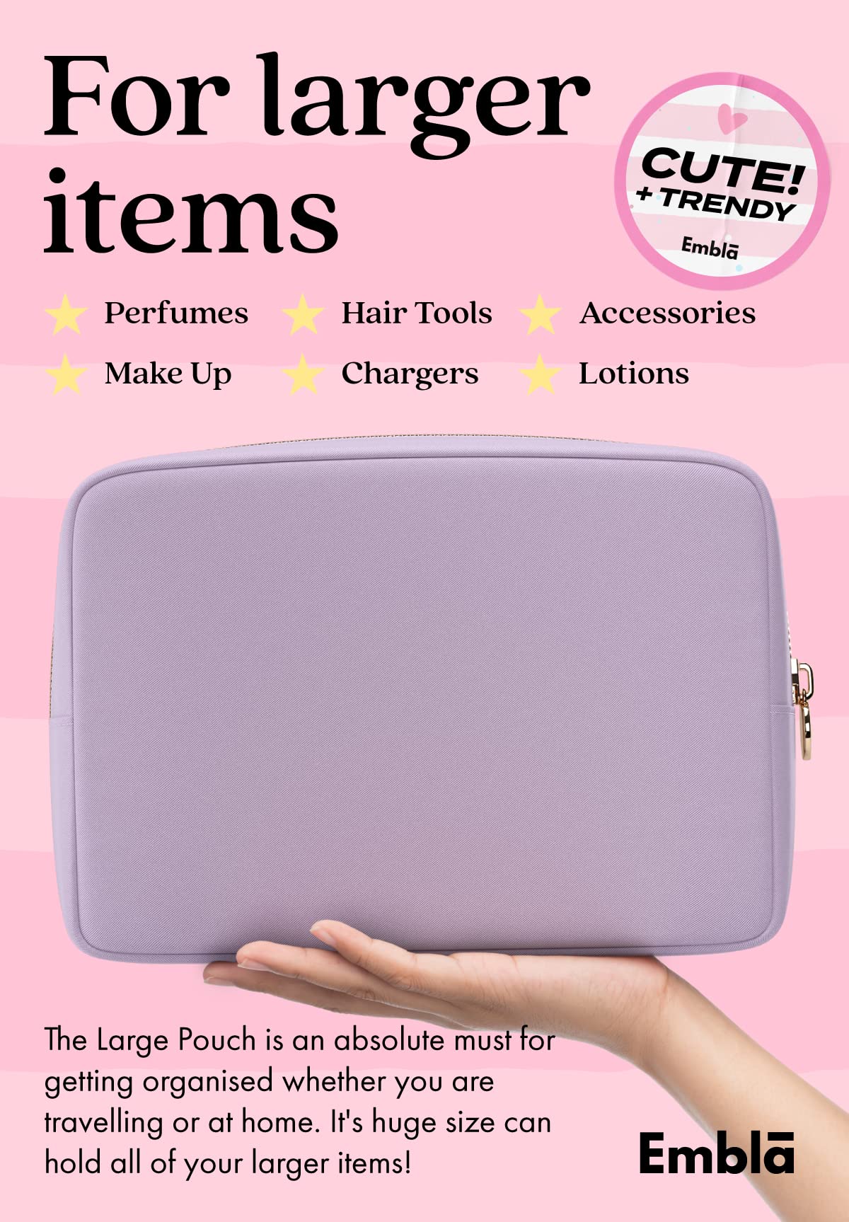 Embla Large Makeup Bag Lavender with cosmetics inside