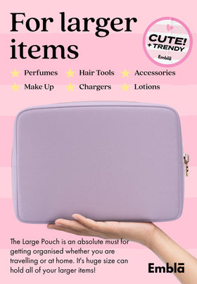 Embla Large Makeup Bag Lavender with cosmetics inside