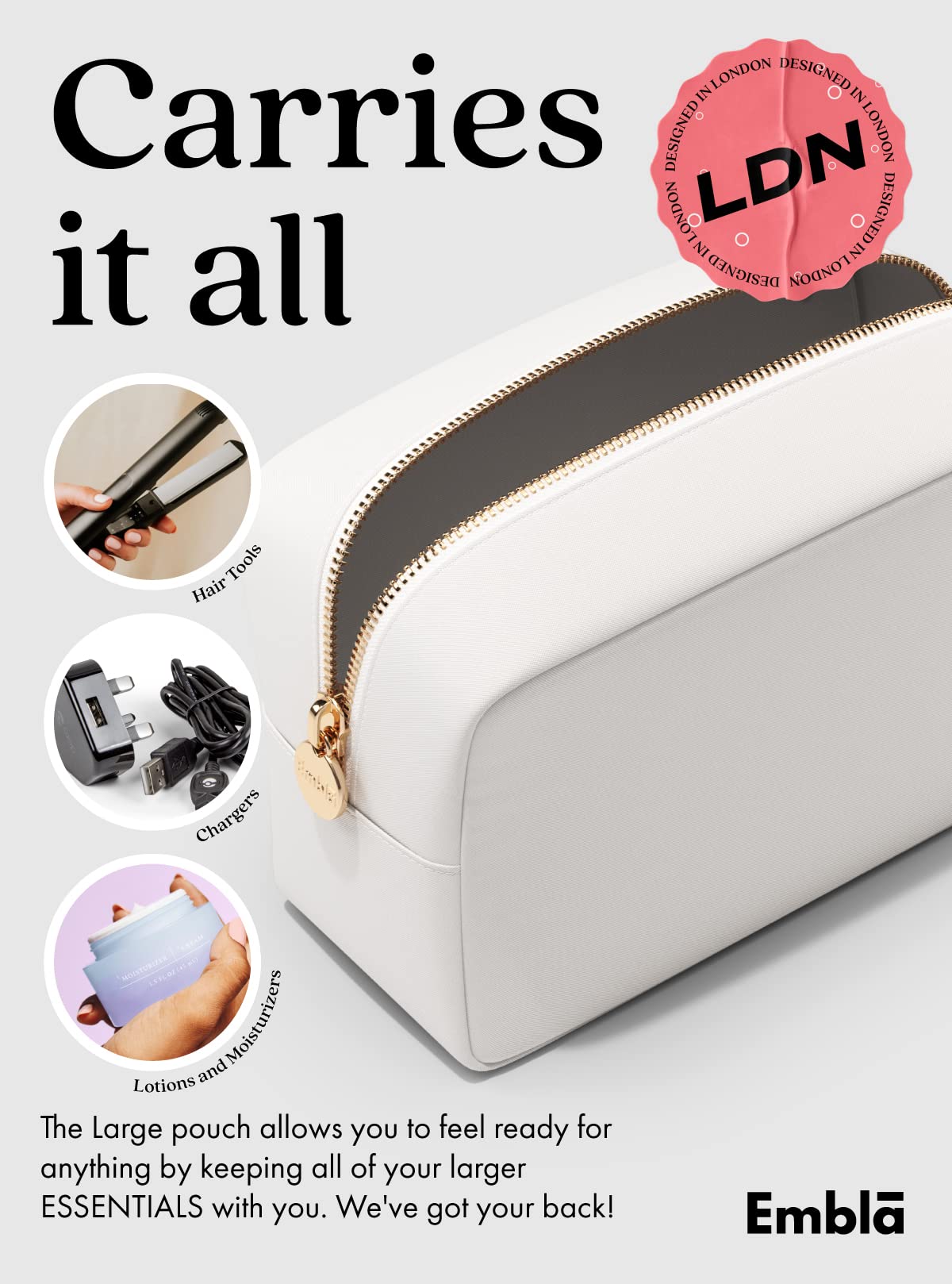 Embla Large Makeup Bag lifestyle scene with travel items