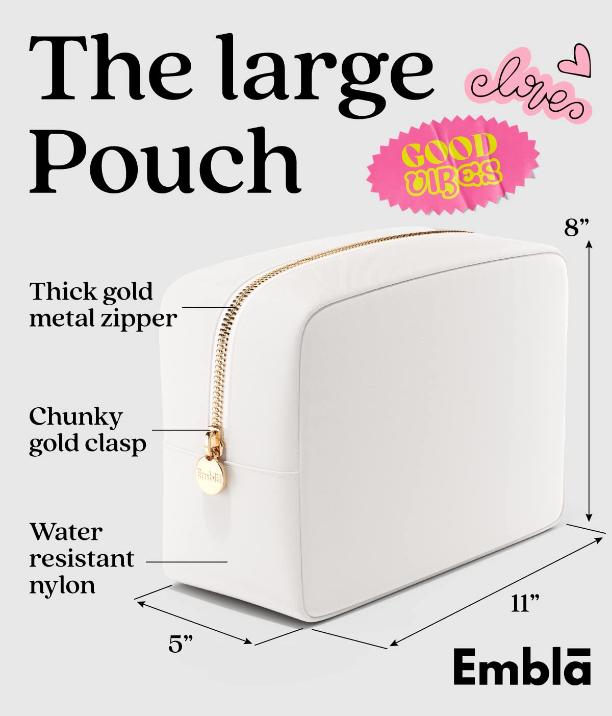 Embla Large Makeup Bag opened displaying cosmetics