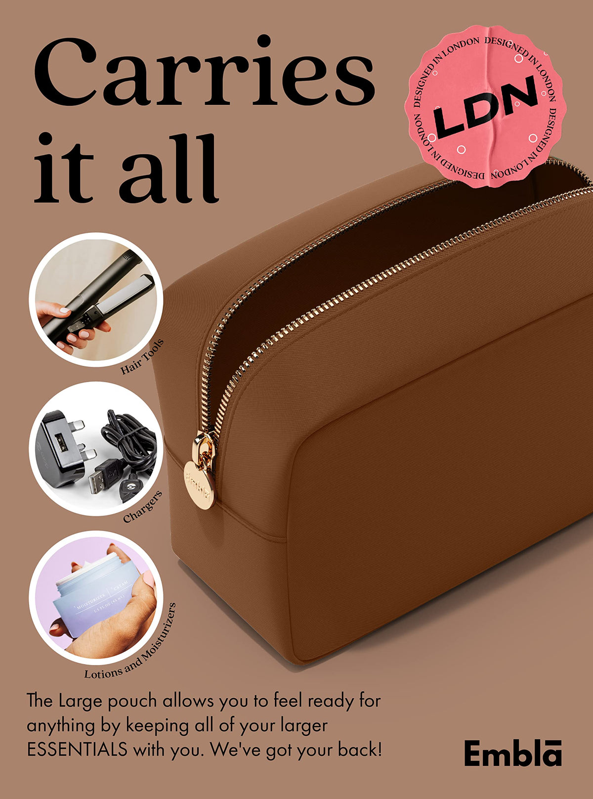 Embla Large Makeup Bag packaging display