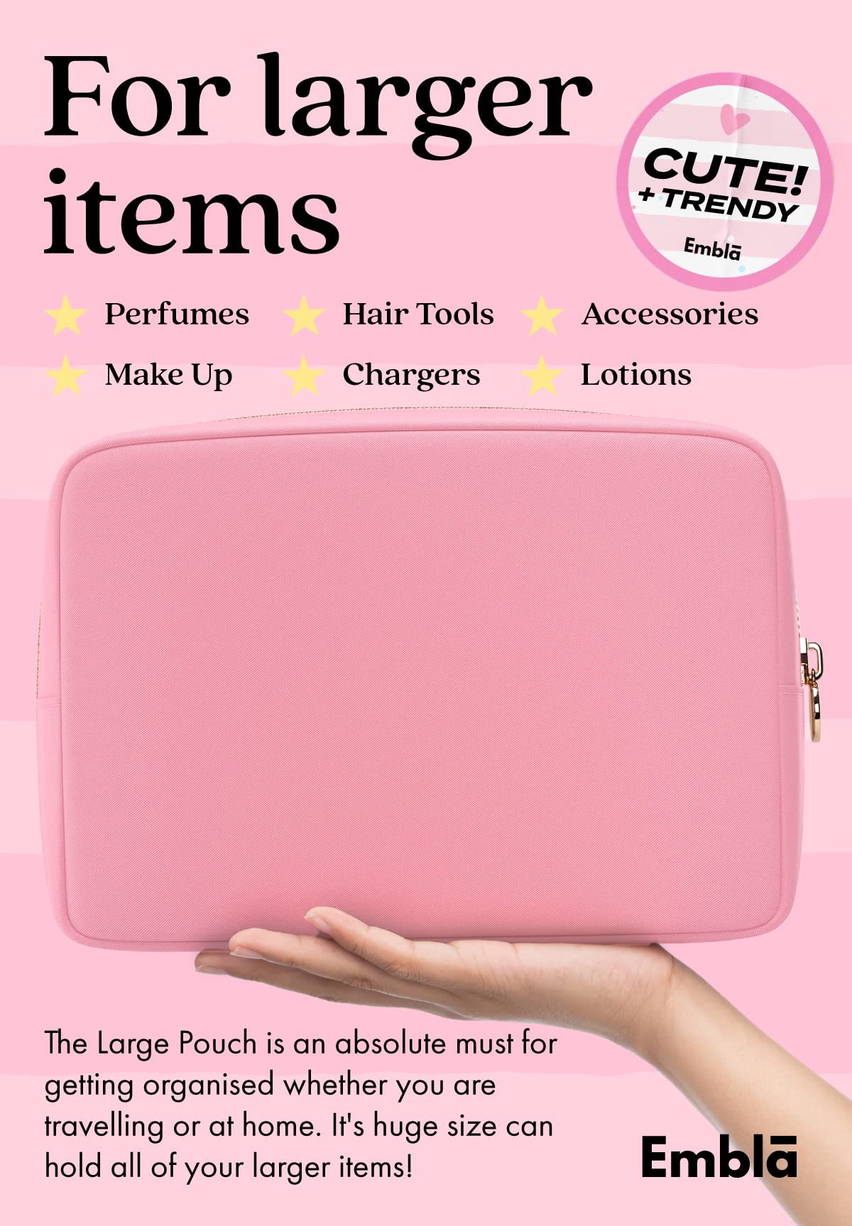 Embla Large Makeup Bag side view showcasing zipper