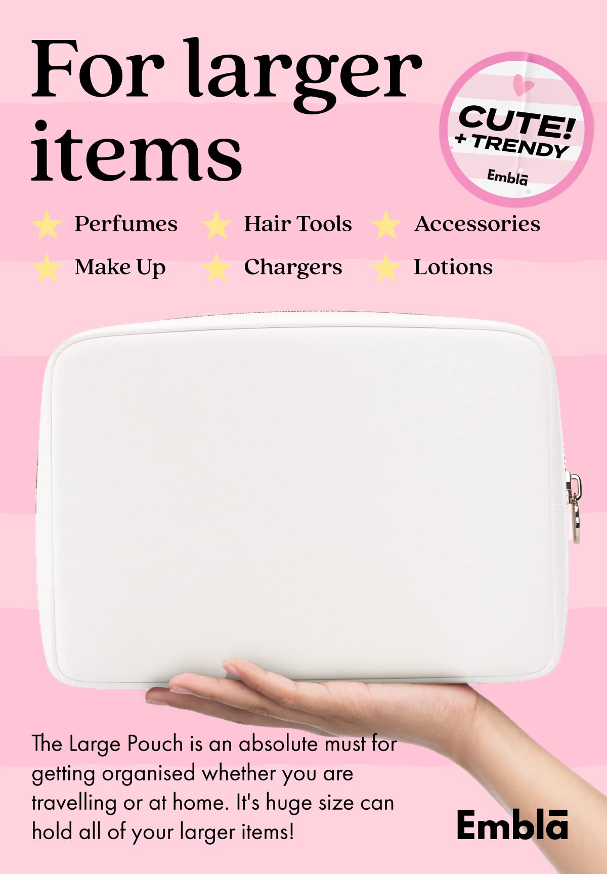 Embla Large Makeup Bag side view with zipper